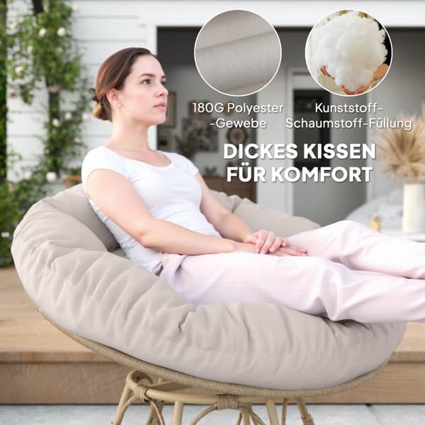 Papasan stol rotting 360° roterande flätad stol med sittdyna diameter 120 cm rund utomhus rottingstol snurrstol fåtölj fåtölj för vardagsrum trädgård