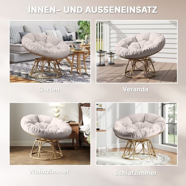 Papasan stol rotting 360° roterande flätad stol med sittdyna diameter 120 cm rund utomhus rottingstol snurrstol fåtölj fåtölj för vardagsrum trädgård