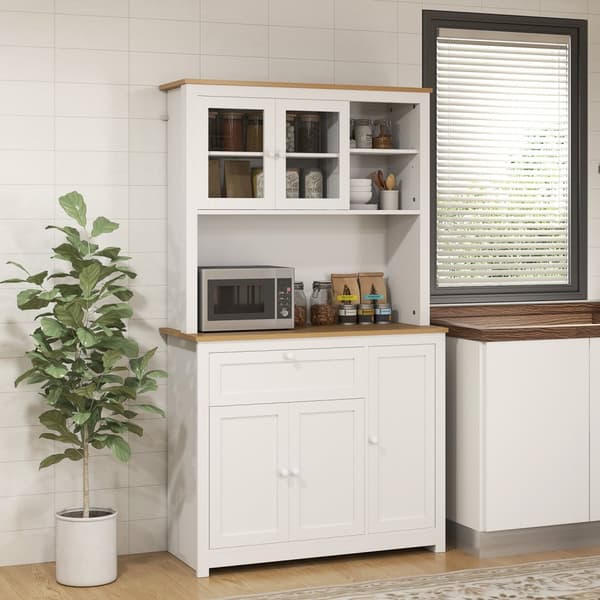 Kjøkkenskap, kjøkkenbuffet med skuff, flerbruksskap med 2 åpne plan, 3 skap, vitrineskap med bordplate til stue, hvit, 100 x 40 x 180 cm