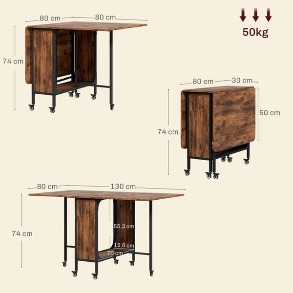 Sammenleggbart spisebord Kjøkkenbord for 6 personer med åpen hylle Mobilt sammenleggbart bord Spisebord for små rom, spisestue, kjøkken 130 x 80 x 74