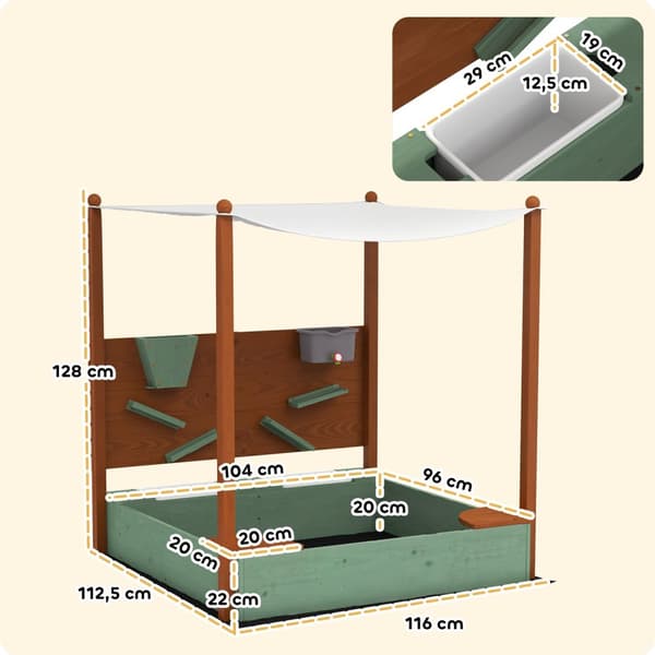 Hiekkalaatikko katolla, 116 x 112,5 cm puinen hiekkalaatikko istuimella, 2 astiaa, hiekka- ja vesileluja, ämpäri hanalla 3-6 vuotiaille lapsille vihre