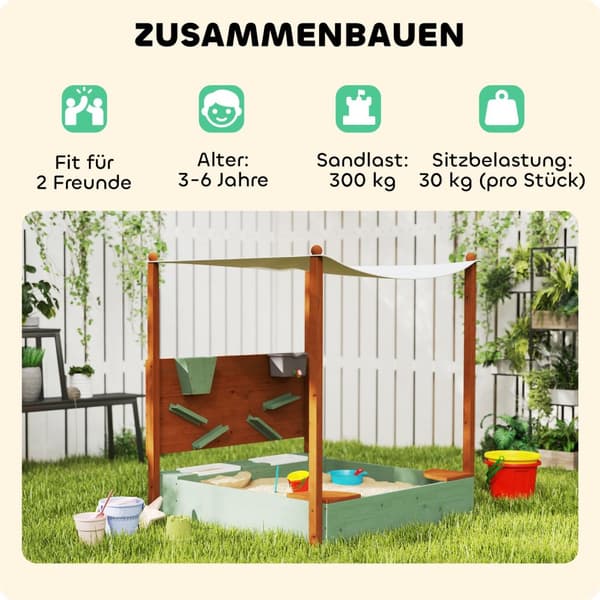 Hiekkalaatikko katolla, 116 x 112,5 cm puinen hiekkalaatikko istuimella, 2 astiaa, hiekka- ja vesileluja, ämpäri hanalla 3-6 vuotiaille lapsille vihre