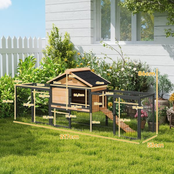 Kaninhytte 2 plan med gavltak Kaninbu i heltre Vintertett dobbeltetasjes hus med uteinnhegning 217x53x86 cm Kaninbur Utendørs smådyrsbu for kaniner Gu