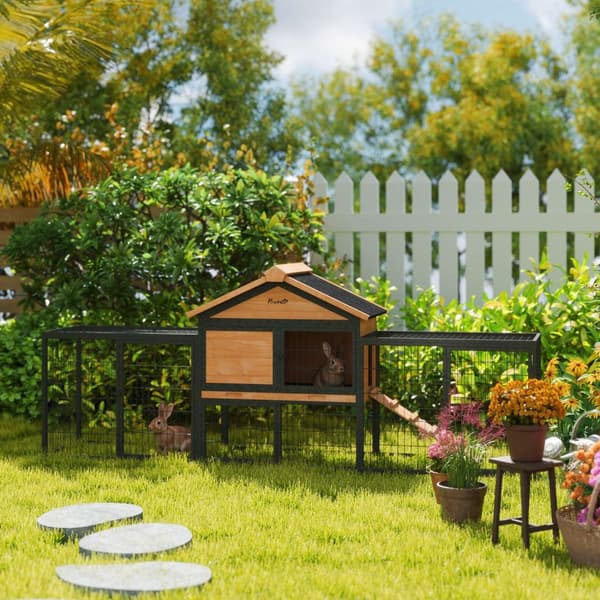 Kaninhytte 2 plan med gavltak Kaninbu i heltre Vintertett dobbeltetasjes hus med uteinnhegning 217x53x86 cm Kaninbur Utendørs smådyrsbu for kaniner Gu