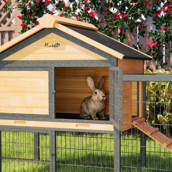 Kaninhytte 2 plan med gavltak Kaninbu i heltre Vintertett dobbeltetasjes hus med uteinnhegning 217x53x86 cm Kaninbur Utendørs smådyrsbu for kaniner Gu