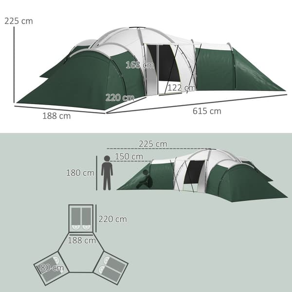 Tunneltelt, campingtelt for 6-9 personer, familietelt med 3 soverom, stue, veranda, bæreveske, 2000 mm vanntett Oxford, for hage, grønn