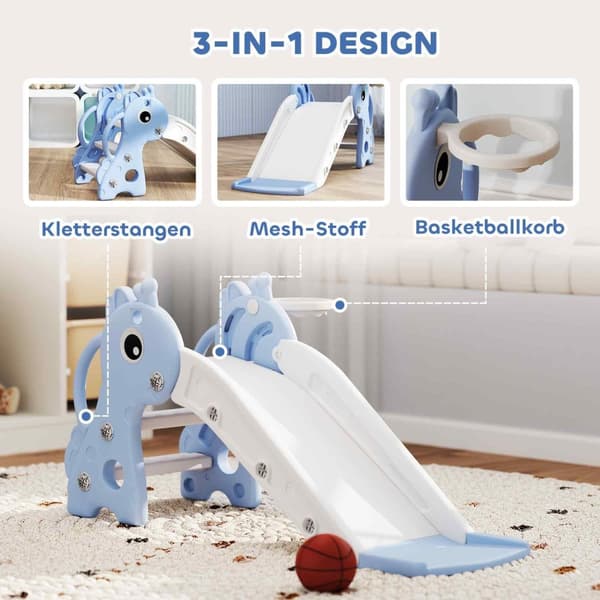 Rutsjebane til børn, 3 i 1, rutchebane til småbørn med basketballkurve, rutsjebane med basketball til børn 1 til 3 år, indendørs, blå 106 x 51,5 x 52