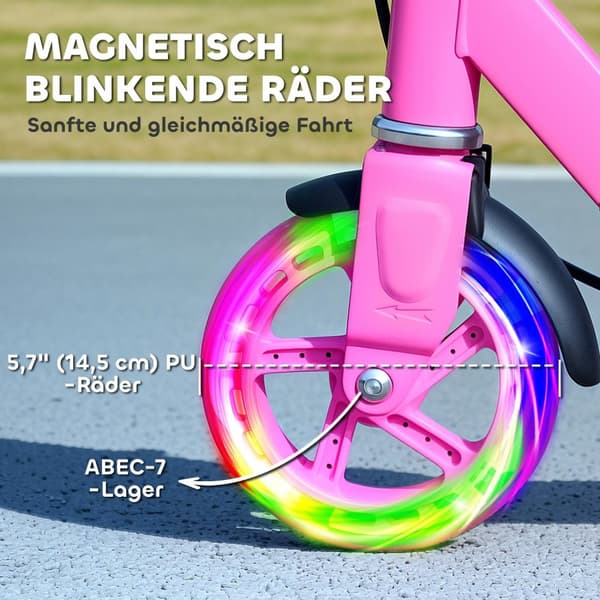 Skoter Barns hopfällbar barnsparkcykel med justerbar styrhöjd, 2 lysande hjul, handbroms & bakhjulsbroms Kick skoter för 3-8 år Barn Rosa Aosom