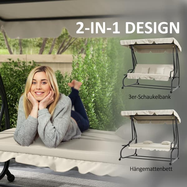 Hollywood-huske med liggefunksjon, 3-seters hagehuske med justerbart tak, sidebord, vannavstøtende huskebenk kan holde opptil 340 kg, for hage, 200x12