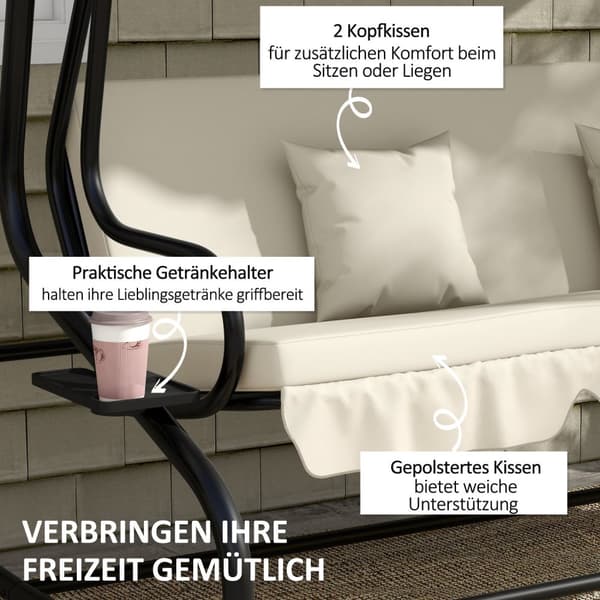 Hollywood-huske med liggefunksjon, 3-seters hagehuske med justerbart tak, sidebord, vannavstøtende huskebenk kan holde opptil 340 kg, for hage, 200x12