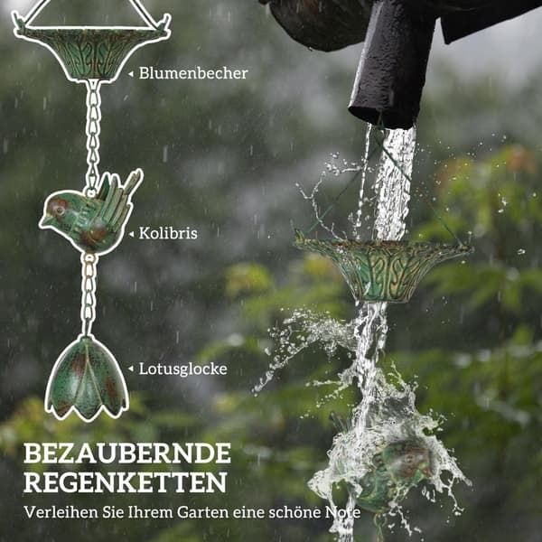 Sæt med 3 regnkæder, 123 cm, metal regnafløbskæde, afløbskæde med påsat bøjle, fugle, klokke, tagrendekæde, regnvandskæde, regnfangskæde til tagrender