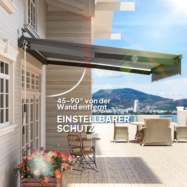 Spændemarkise med håndsving, solcellelys, foldearmsmarkise, solafskærmning, UV 50+, altanmarkise inkl. vægbeslag, solsejl, 400 cm bred til terrasse, b