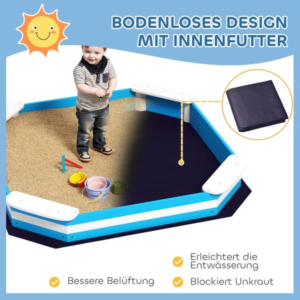 Sandkasse 133 x 108 cm Sandkasse av tre med benk, gulvbeskyttelsesfilm for 4 barn 3-7 år Blå