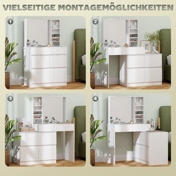 Sminkebord kosmetikkbord med speil, push-to-open-mekanismer, allsidige monteringsmuligheter, sminkebord med 4 skuffer, 3 åpne hyller og 2 skap, hvit A