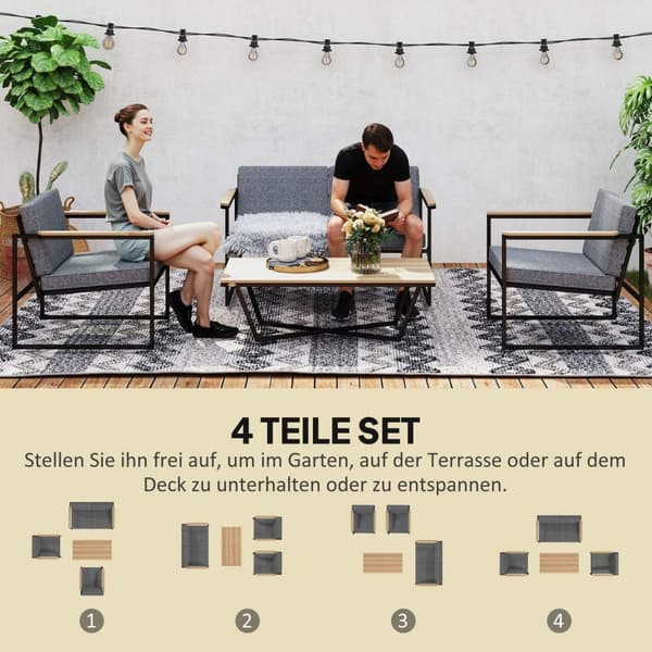 Hagemøbelsett for 4 personer, værbestandig balkongmøbelsett med 2 sofaer, 2 stoler, sittepute, sidebord, uteservering, utemøbler, hagesett for hage, t