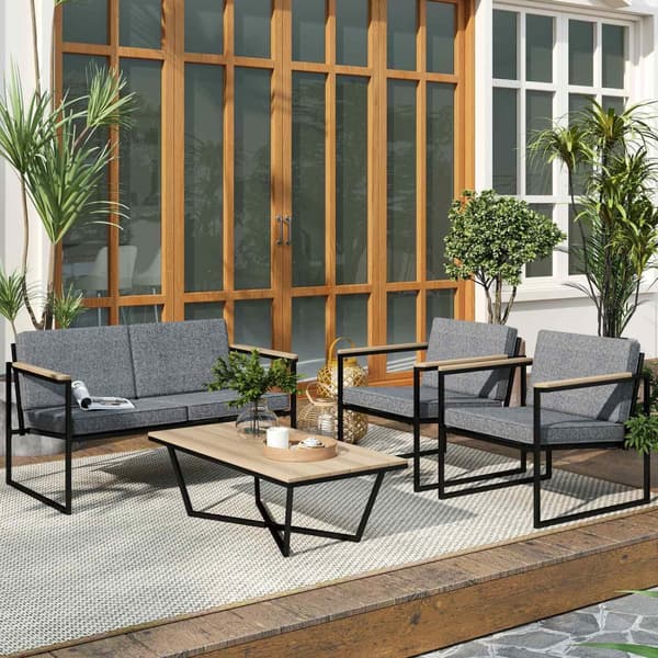 Hagemøbelsett for 4 personer, værbestandig balkongmøbelsett med 2 sofaer, 2 stoler, sittepute, sidebord, uteservering, utemøbler, hagesett for hage, t