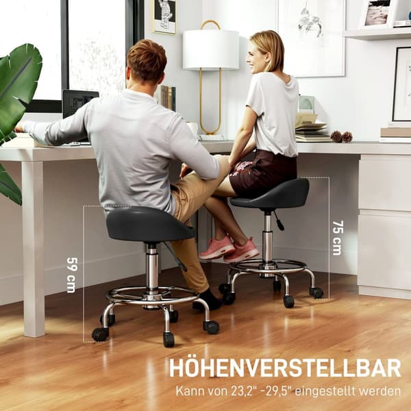 Rullekrakk høydejusterbar med rygg svingbar krakk 59-75 cm arbeidskrakk 360° roterende krakk kontorkrakk for kontorsalong massasje spa svart Aosom