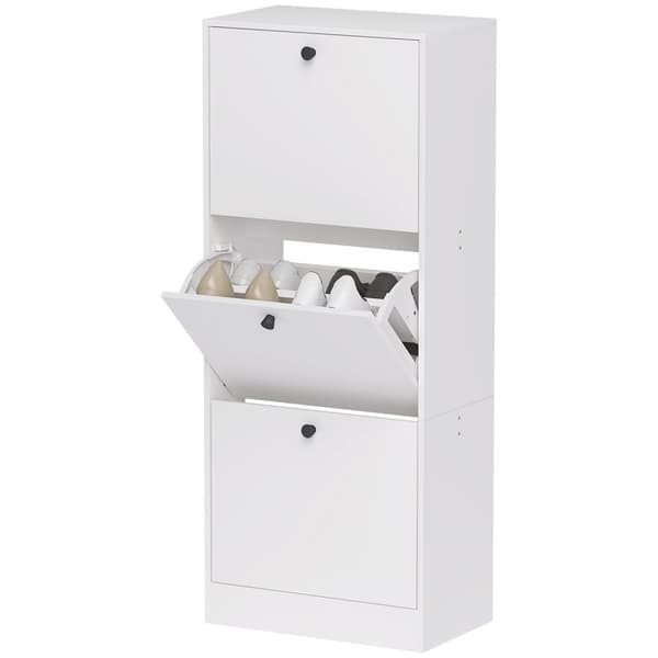 Skoskab med 3 klapper, skovipper, skohylde med justerbar skillevæg, smal skokiste til 12 par sko 47 x 28 x 115 cm, hvid