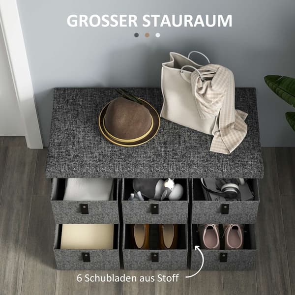 Skobenk med 6 bokser, benk, garderobebenk med linlook, skokiste til 6 par sko, til gang, gang, mørkegrå, 76,5 x 38 x 38 cm