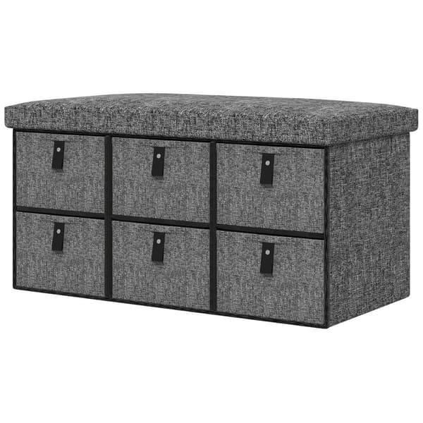 Skobenk med 6 bokser, benk, garderobebenk med linlook, skokiste til 6 par sko, til gang, gang, mørkegrå, 76,5 x 38 x 38 cm