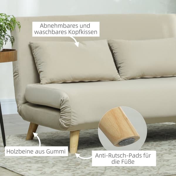 Vuodesohva sohva nukkumistoiminnolla 130 x 78 cm sohva lannetyynyllä, samettinen ilme, säädettävä selkänoja olohuoneeseen, makuuhuoneeseen, beige