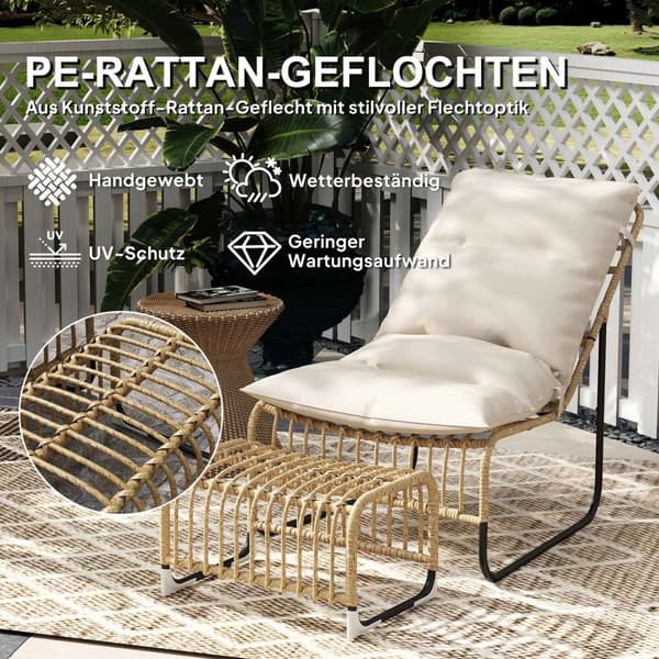 Rottinkinen lepotuoli jalustalla UV-suojattu puutarhatuoli pehmustehihnalla ulkorottinkituoli puutarhatuoli puutarhaan, parvekkeelle, terassille luonn