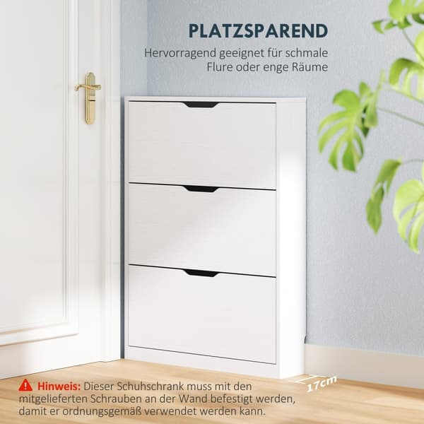Skoskap med 3 klaffer, skohylle, skotipp, smal skokiste for 9-12 par sko 80 x 17 x 108 cm, hvit