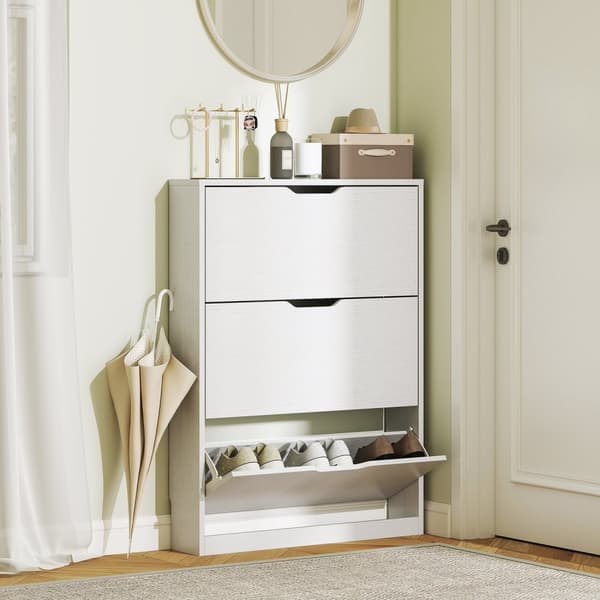 Skoskap med 3 klaffer, skohylle, skotipp, smal skokiste for 9-12 par sko 80 x 17 x 108 cm, hvit