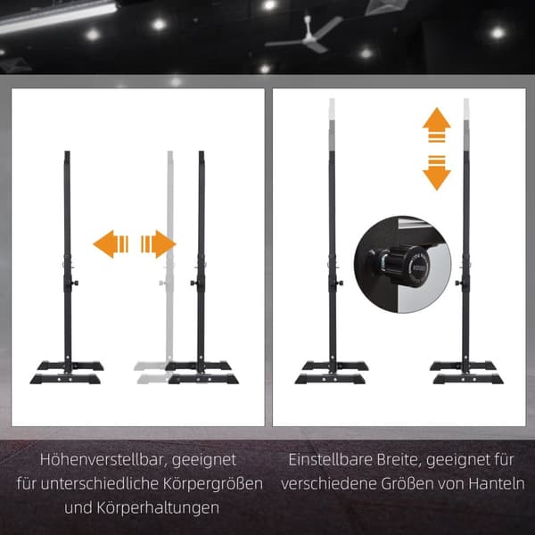 Hantelställ, set om 2, skivstångsställ, höj- och sänkbart hantelställ, skivstång med gummifotkåpor, 105-160 cm, styrketräning, upp till 150 kg, stål A