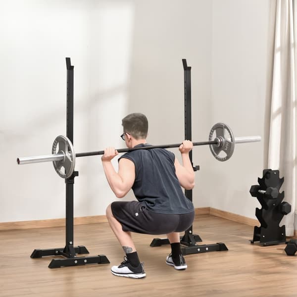 Hantelställ, set om 2, skivstångsställ, höj- och sänkbart hantelställ, skivstång med gummifotkåpor, 105-160 cm, styrketräning, upp till 150 kg, stål A