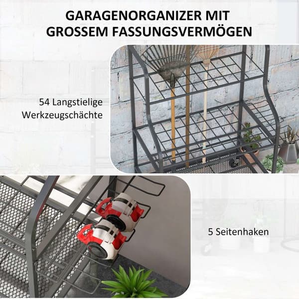 Haveredskabsarrangør 3-lags haveredskabsstativ med kroge haveredskabsstativ op til 40 kg bæreredskabsholder multifunktions kosteholder til garage, sku