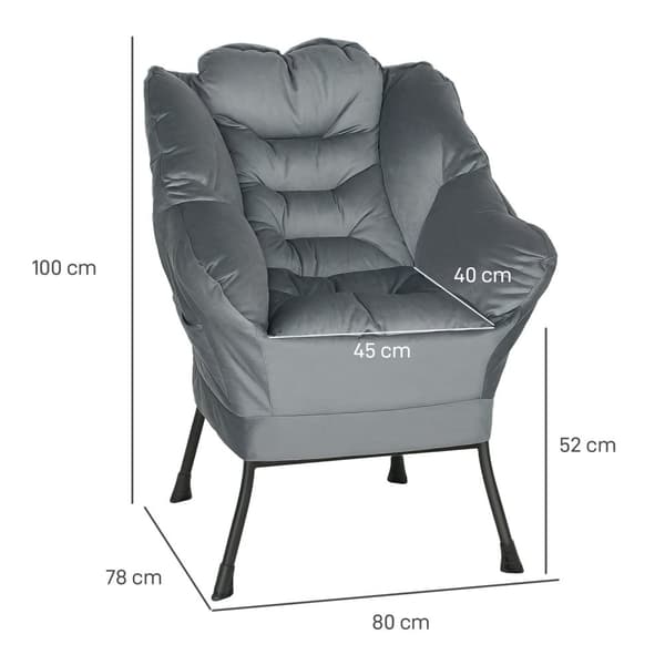 Lænestol Stue Lounge Stol Polstret Afslapningsstol med Sidelomme Stålben Polstret Stol med Velvet Look Enkeltstol til Soveværelse Grå