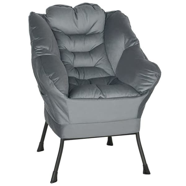 Lænestol Stue Lounge Stol Polstret Afslapningsstol med Sidelomme Stålben Polstret Stol med Velvet Look Enkeltstol til Soveværelse Grå