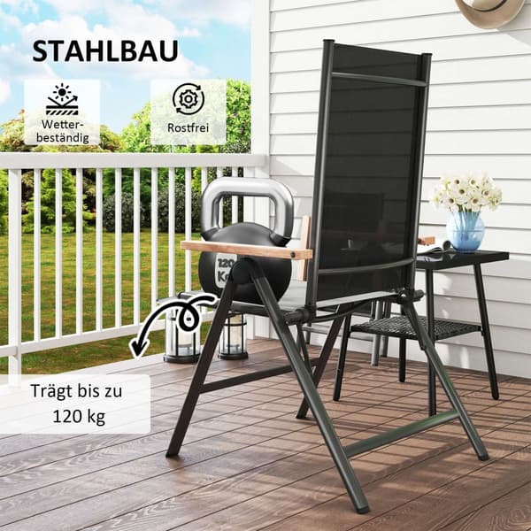 Hagestol laget av stål, sammenleggbar stol med armlener, sammenleggbar balkongstol, campingstol, 120 kg bæreevne, terrassestol med høy rygg for hage,