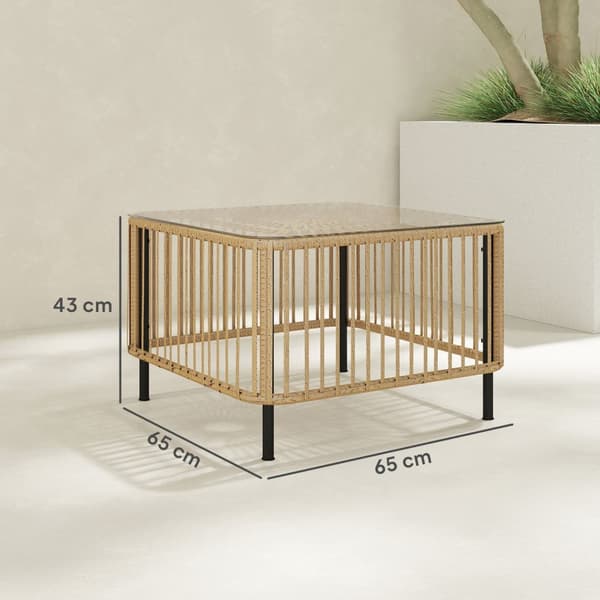 Havebord i polyrattan, 65 x 65 x 43 cm, vejrbestandigt sidebord, firkantet terrassebord med glasplade, sofabord, altanbord, havemøbler til haven, terr