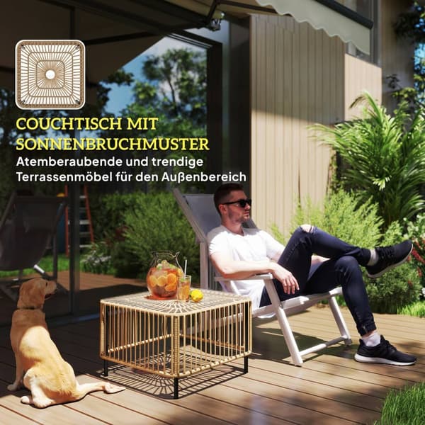 Havebord i polyrattan, 65 x 65 x 43 cm, vejrbestandigt sidebord, firkantet terrassebord med glasplade, sofabord, altanbord, havemøbler til haven, terr