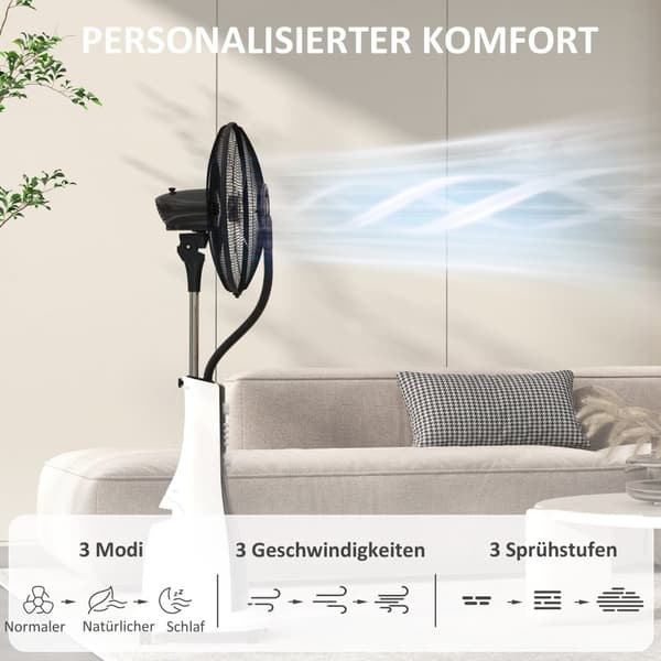 Vattenkylningsfläkt Stativ Fläkt med Spray Mist Fjärrkontroll Timer Oscillerande 3 Nivåer 3L Vattentank 90W Vattenfläkt med Hjul 125cm Aosom