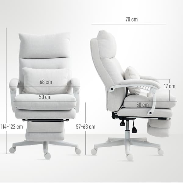 Kontorstol Ergonomisk skrivebordsstol med korsryggstøtte, høy rygg, fotstøtte, høydejusterbar svingstol med linlook, polstret datamaskinstol, kremhvit