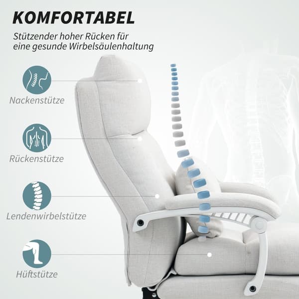 Kontorstol Ergonomisk skrivebordsstol med korsryggstøtte, høy rygg, fotstøtte, høydejusterbar svingstol med linlook, polstret datamaskinstol, kremhvit