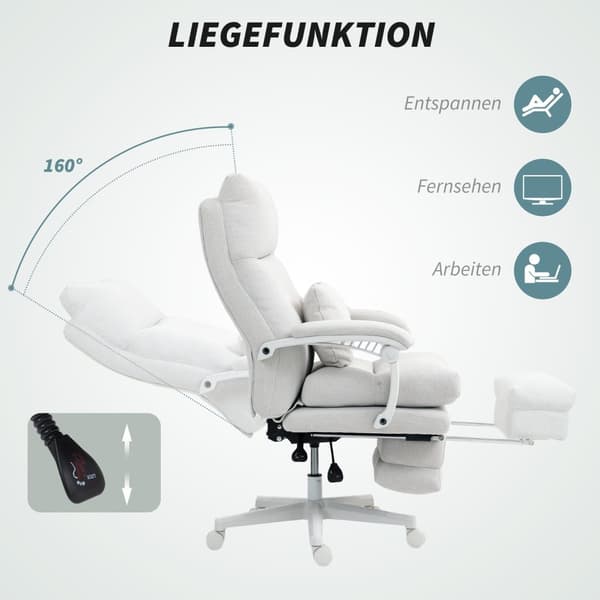 Kontorstol Ergonomisk skrivebordsstol med korsryggstøtte, høy rygg, fotstøtte, høydejusterbar svingstol med linlook, polstret datamaskinstol, kremhvit
