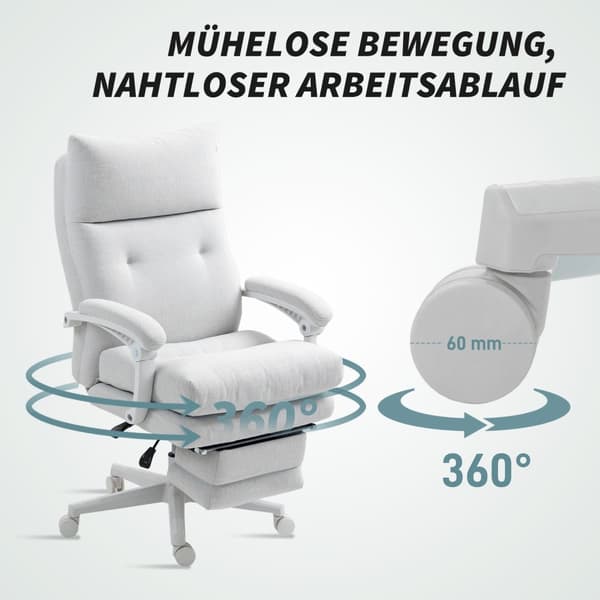 Kontorstol Ergonomisk skrivebordsstol med korsryggstøtte, høy rygg, fotstøtte, høydejusterbar svingstol med linlook, polstret datamaskinstol, kremhvit