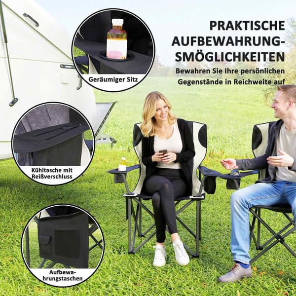 Sæt med 2 sammenklappelige campingstole med armlæn, drikkeholder, nakkestøtte, køletaske, udendørs klapstol, bæreevne op til 120 kg, polstret fiskesto