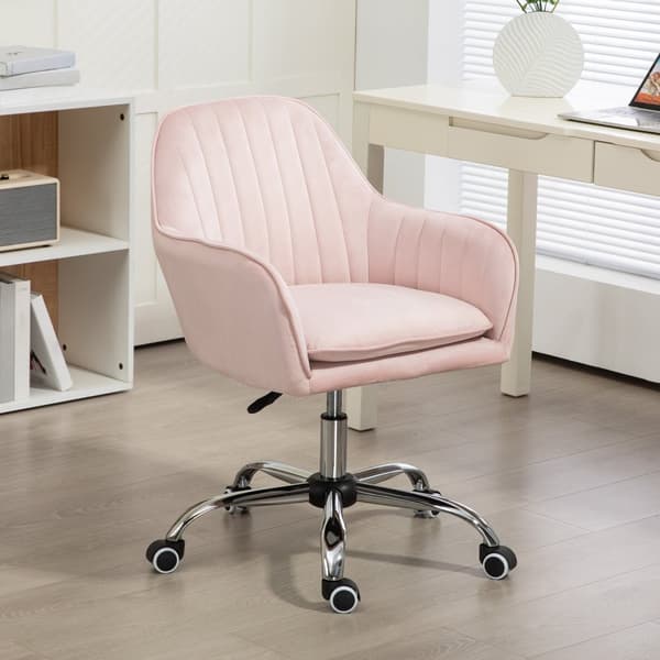 Skrivebordsstol Høydejusterbar kontorstol Svingbar hjemmekontorstol med rygg og armlener Velvet Look Sminkebord Stol for Studierom Rosa Aosom