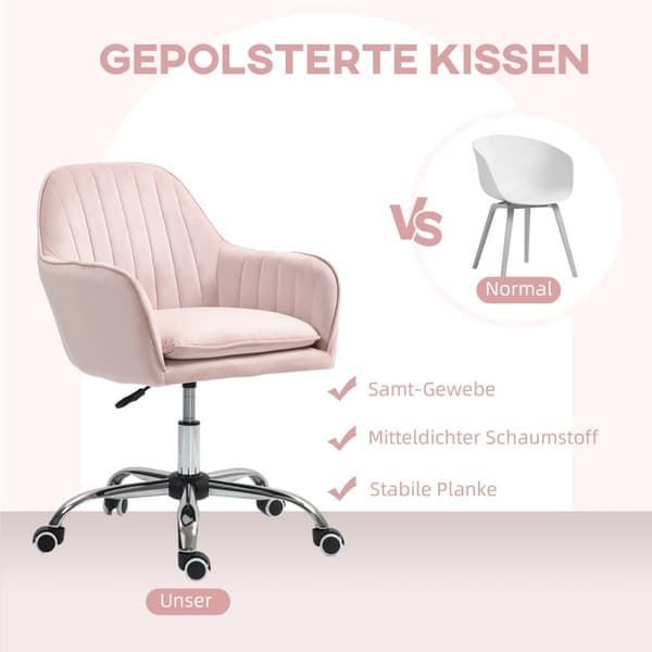 Skrivebordsstol Høydejusterbar kontorstol Svingbar hjemmekontorstol med rygg og armlener Velvet Look Sminkebord Stol for Studierom Rosa Aosom
