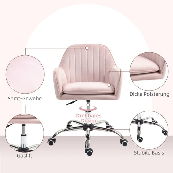 Skrivebordsstol Høydejusterbar kontorstol Svingbar hjemmekontorstol med rygg og armlener Velvet Look Sminkebord Stol for Studierom Rosa Aosom