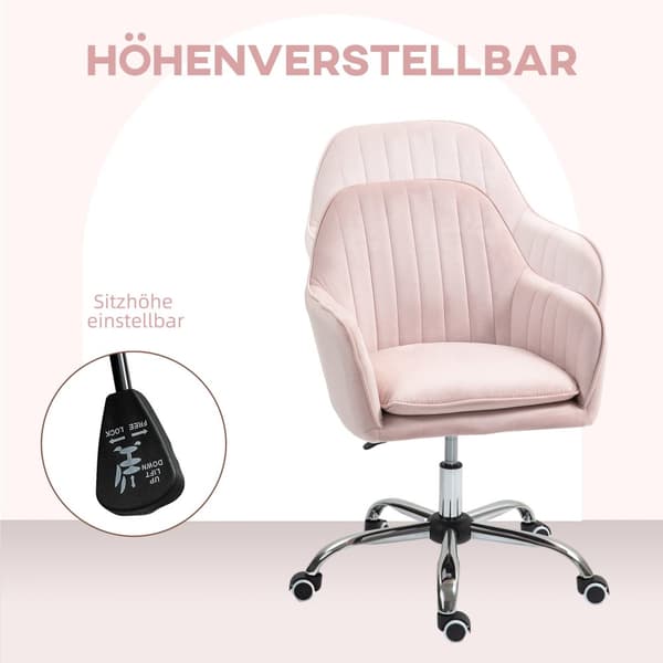 Skrivebordsstol Høydejusterbar kontorstol Svingbar hjemmekontorstol med rygg og armlener Velvet Look Sminkebord Stol for Studierom Rosa Aosom