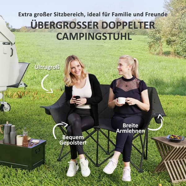 Foldestol, foldbar 2-personers campingstol med køletasker, bæretaske, udendørs klapstol, bærende op til 250 kg, robust, let polstret, fiskestol, haves