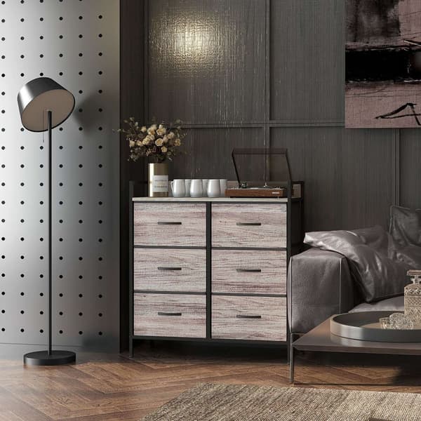 Kommode med 6 skuffer lavet af stofopbevaringsskab med trælook, greb, stålstel, industriel design skænk til stue grå Aosom