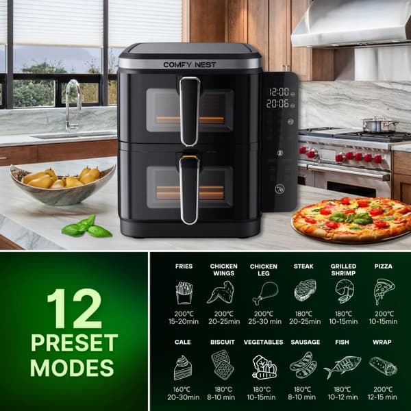 Comfy Nest CN-06184: 2800W Air Fryer med dobbeltkurv med vindue og sidepanel - 11L