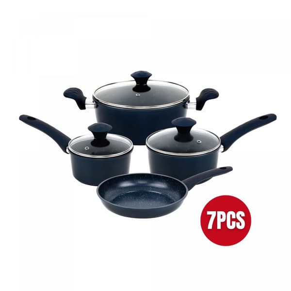 Herzberg HG-04685BLU: 7 deler marmorbelagt støpejern kokekarsett - blå